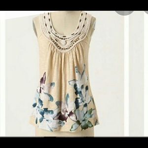 Anthropologie C Keer Floral Tank w/ Metallic Beads